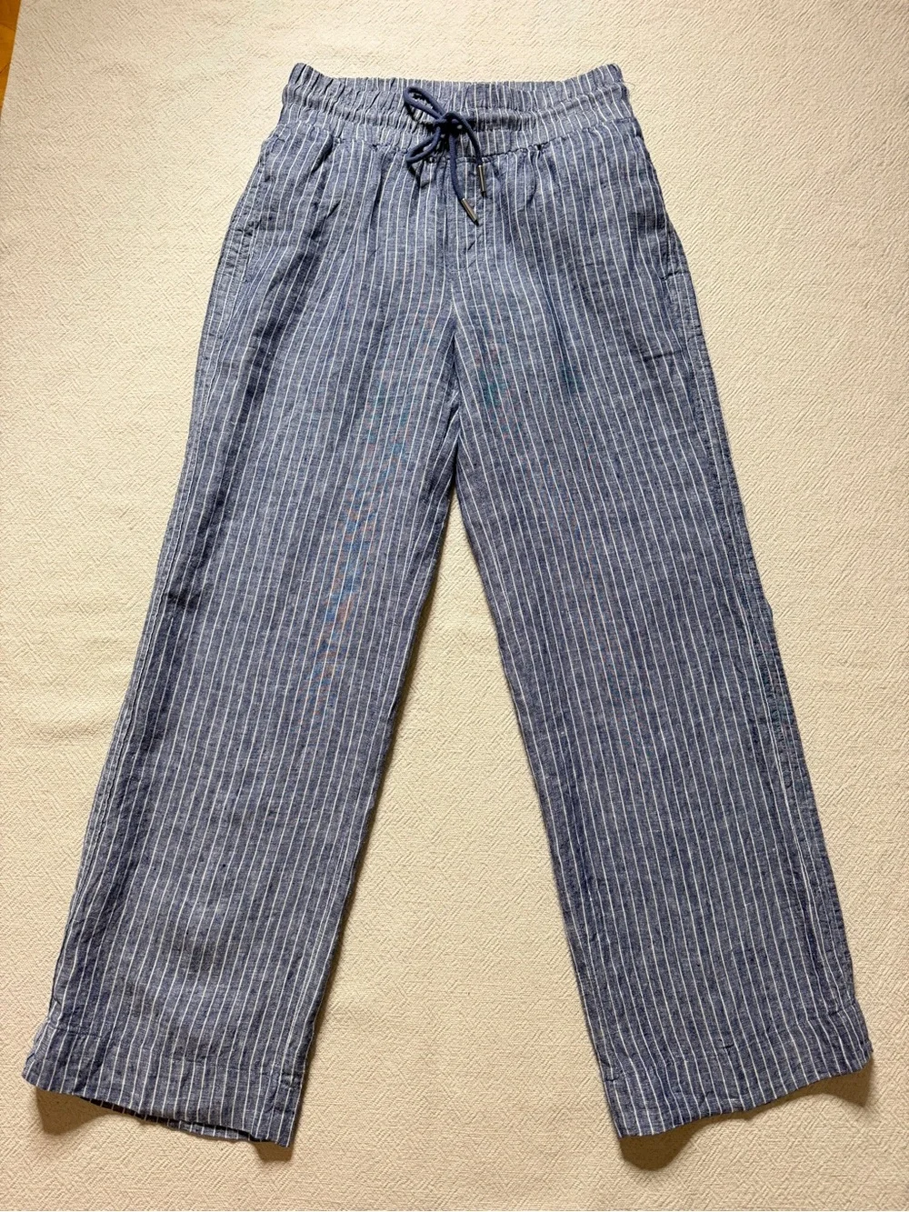Quince 100% European Linen Wide Leg Pants S Chambray Blue Striped Coastal